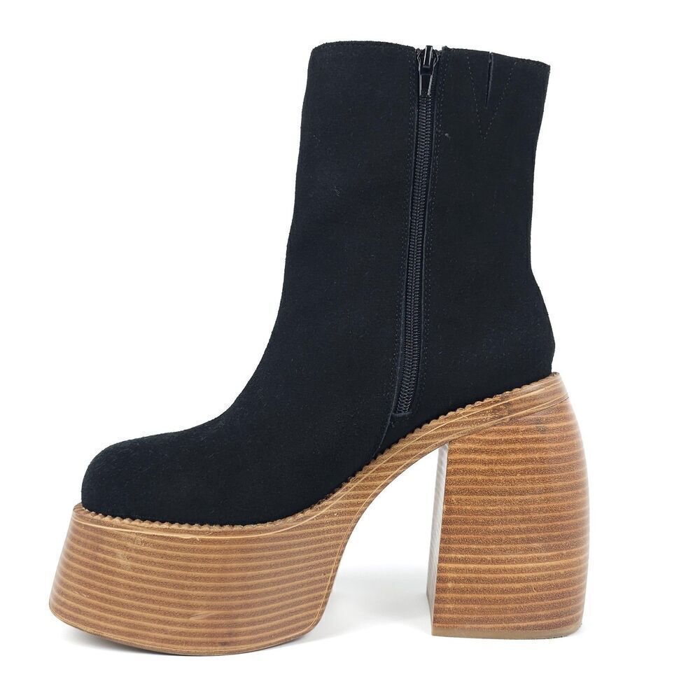 URBAN OUTFITTERS Anna Platform Gogo Boots Black Suede Leather 90s Boho Grunge 9 - Picture 4 of 11
